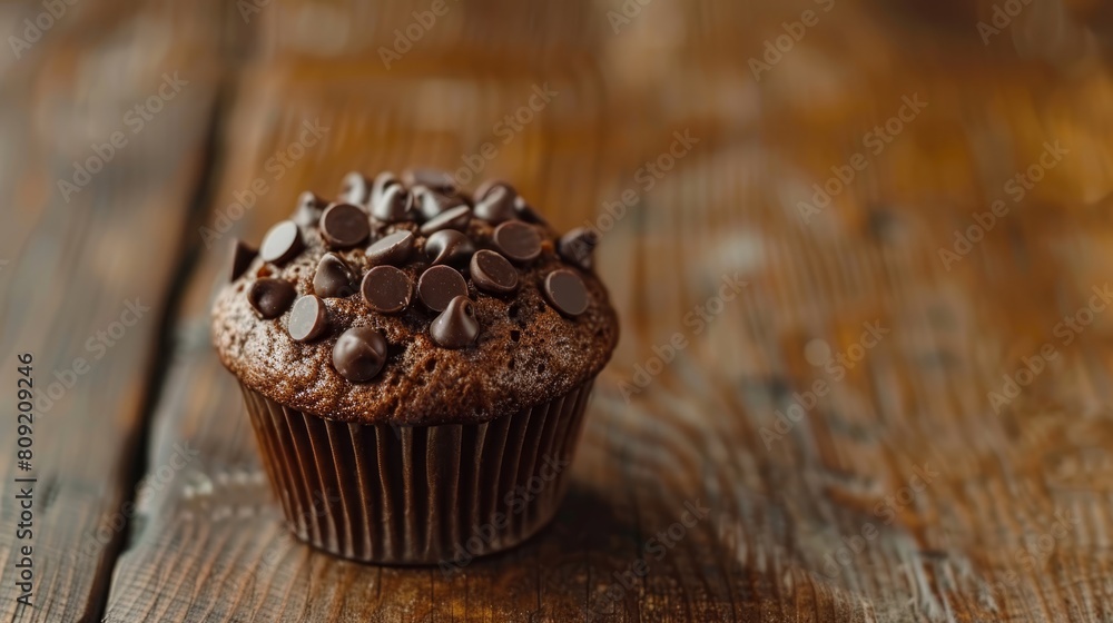 A chocolate muffin, topped with chocolate chips, sits on a weathered wooden table Nearby, a steaming cup of coffee awaits A chocolate muffin, topped with chocolate chips, sits on a weathered wooden table Nearby, a steaming cup of coffee awaits