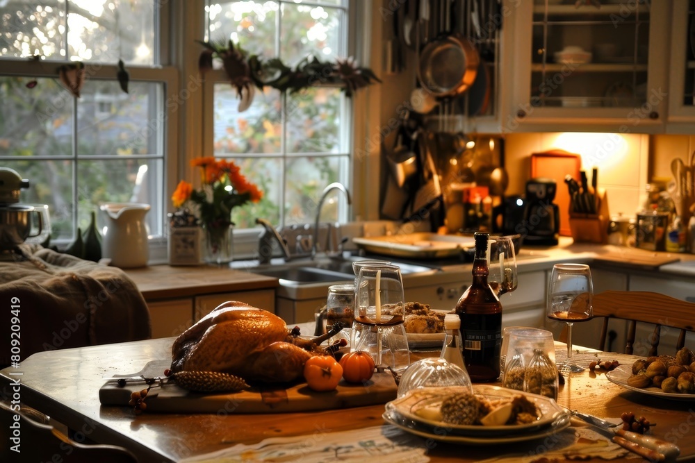 A turkey is perched on a table in a warm kitchen, A cozy kitchen filled with the aroma of Thanksgiving cooking
