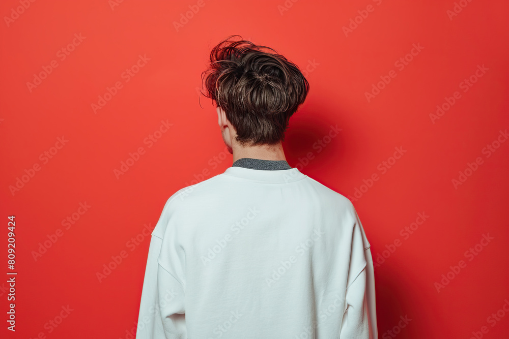 Young man in white sweatshirt on red background, back view Young man in white sweatshirt on red background, back view