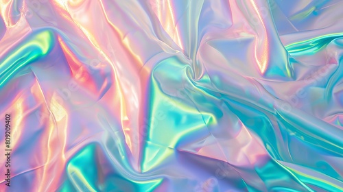 A holographic surface in aqua menthe cyan emits a pastel neon glow with an iridescent abstract effect, creating a spectrum of colors. photo