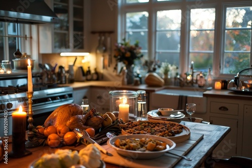 A wooden table is set with a turkey next to a window in a cozy kitchen filled with the aroma of Thanksgiving, A cozy kitchen filled with the aroma of Thanksgiving cooking