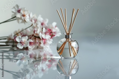 Serene Aroma Diffuser with Blossoming Flowers on Reflective Surface