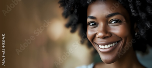 Closeup of happy black African girl smiling isolated on a blurred bokeh background, happy young adult African girl standing outdoor nature.