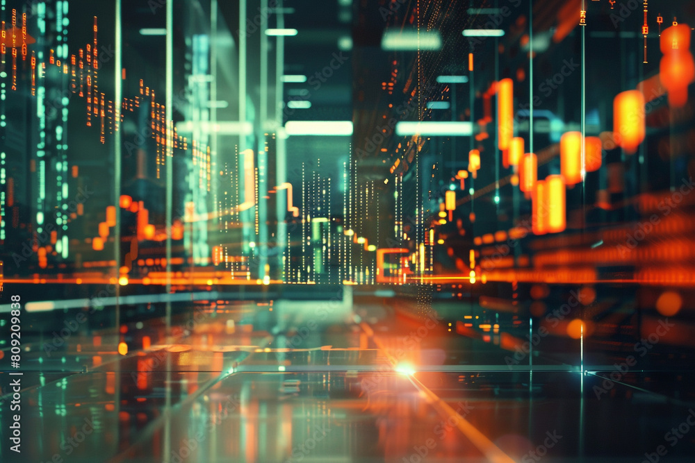 custom made wallpaper toronto digitalA dynamic holographic projection of financial data, indicating strong positive growth, perfect for a tech-savvy investment firm's advertising The visualization combines futuristic aesthetics