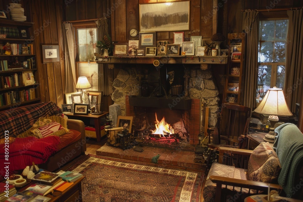 A living room filled with furniture, family photos, and a crackling fireplace, A cozy living room with family photos and a crackling fireplace A living room filled with furniture, family photos, and a crackling fireplace, A cozy living room with family photos and a crackling fireplace