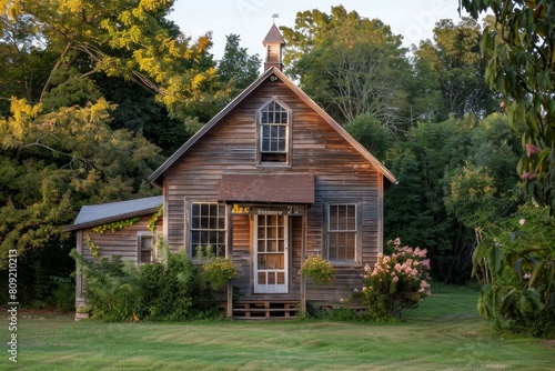 A small wooden house stands in the middle of a vibrant green field surrounded by nature, A cozy, one-room schoolhouse nestled in a rural setting