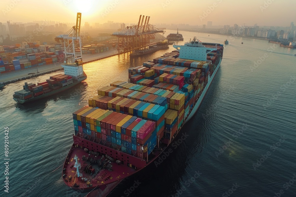 Naklejka premium A large cargo ship is sailing in the ocean with a sunset in the background