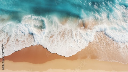 Aerial View Of Crystalline Waves Washing Over Golden Sands. Generative AI