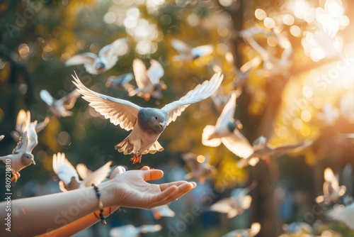 Hands releasing a flock of doves, symbolizing peace and unity. photo