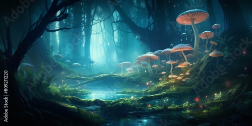 Magical Woodland Landscape With Glowing Mushrooms At Twilight. Generative AI