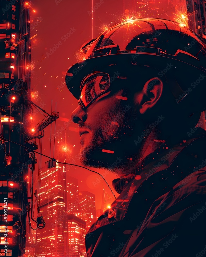 Electrician Navigating Complex Wiring Diagram in Futuristic Urban