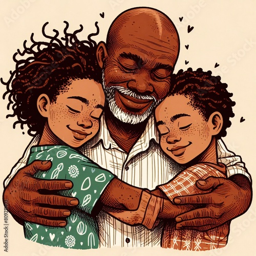 Sweet moments of the concept of fatherhood, a happy African father cuddling cute babies, son and daughter, getting engaged, enjoying time together
