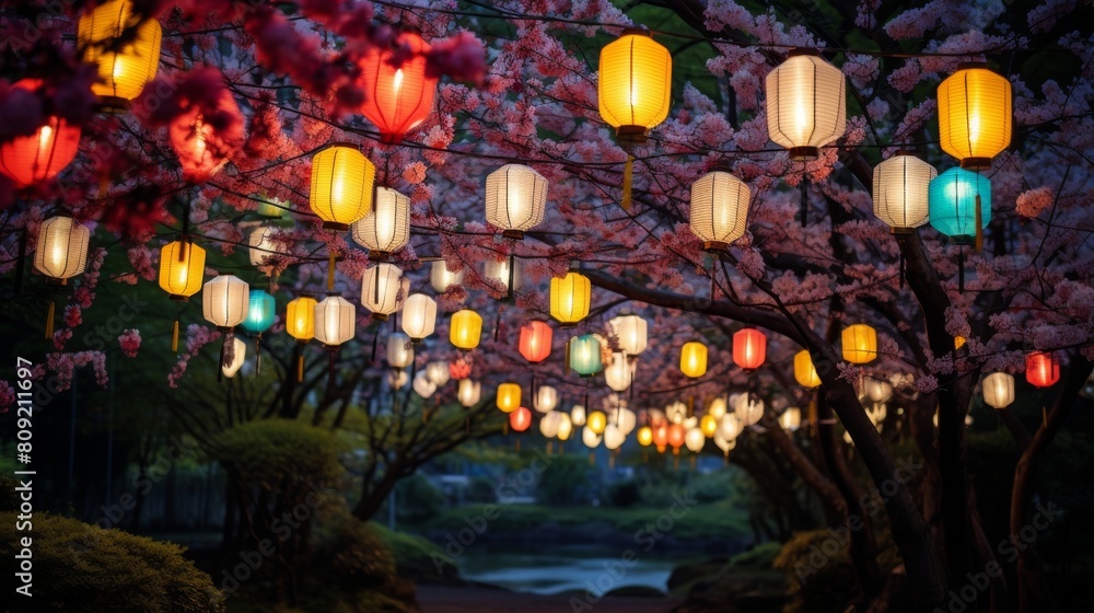 Enchanting Sakura Blossoms Illuminated by Traditional Lanterns at Dusk. Generative AI