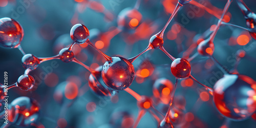 Red Molecular Structure with Luminous Bonds in a 3D Atomic Model. Quantum Connectivity concept photo