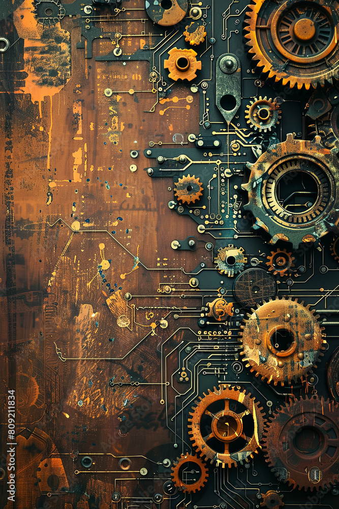 A background banner of old technology and new using computer circuits and old machine cogs

