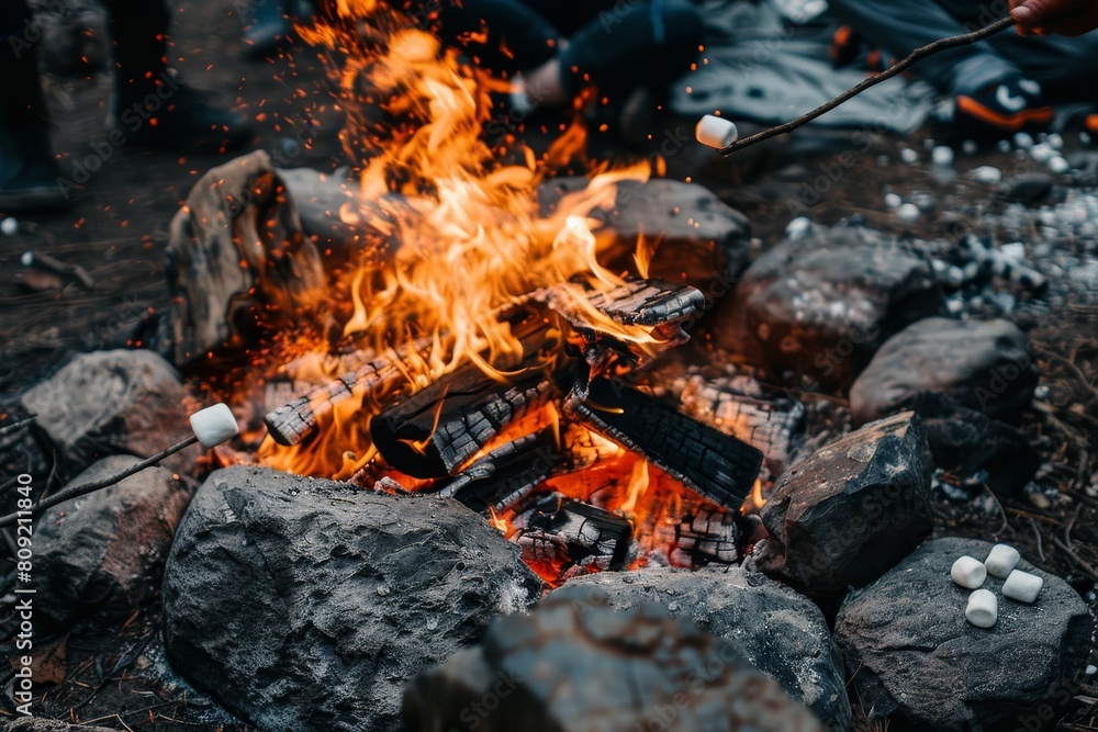 A person in a group is roasting marshmallows over a crackling campfire with friends, A crackling bonfire surrounded by friends roasting marshmallows and telling stories A person in a group is roasting marshmallows over a crackling campfire with friends, A crackling bonfire surrounded by friends roasting marshmallows and telling stories