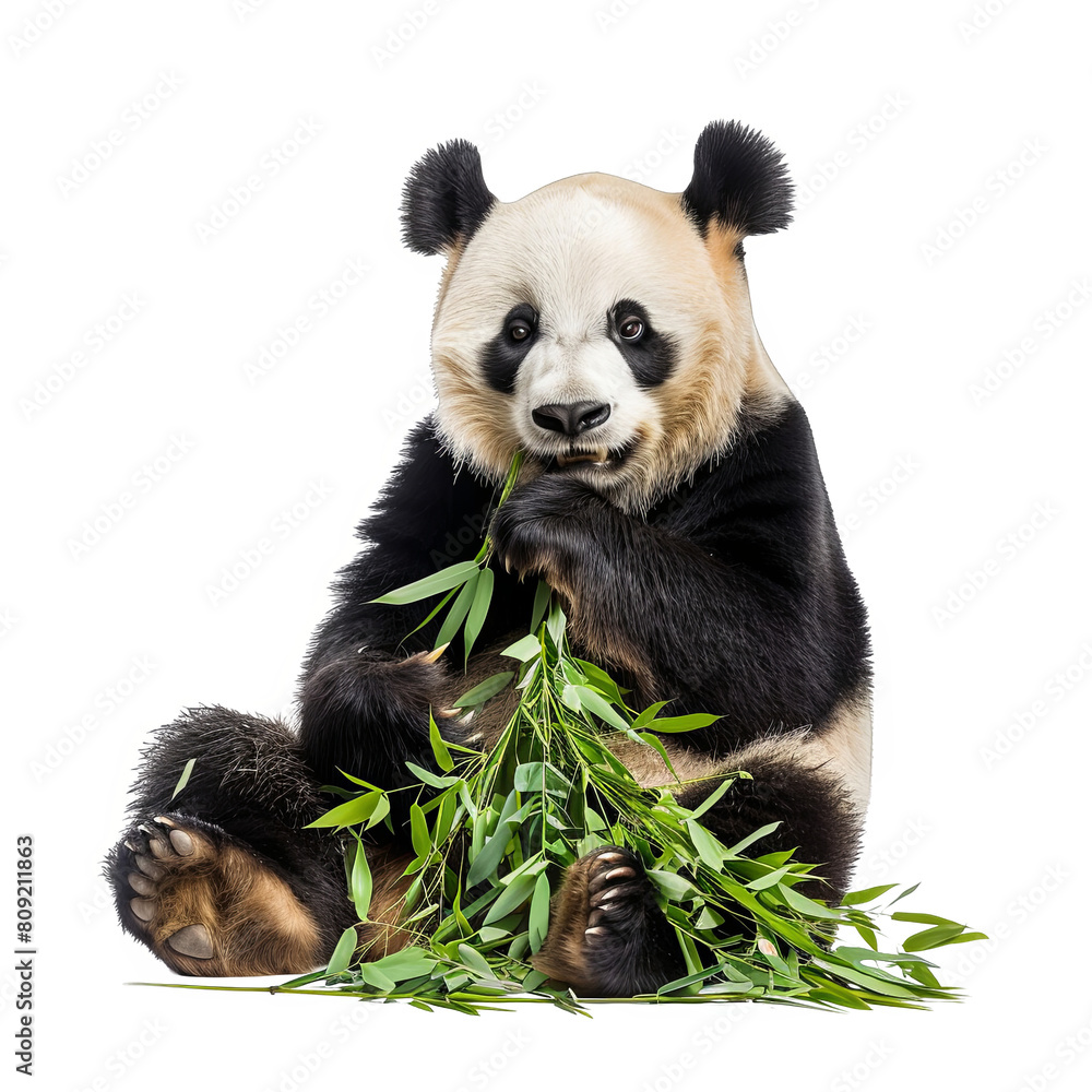 A fluffy giant panda sitting and munching on bamboo isolated on white background A fluffy giant panda sitting and munching on bamboo isolated on white background