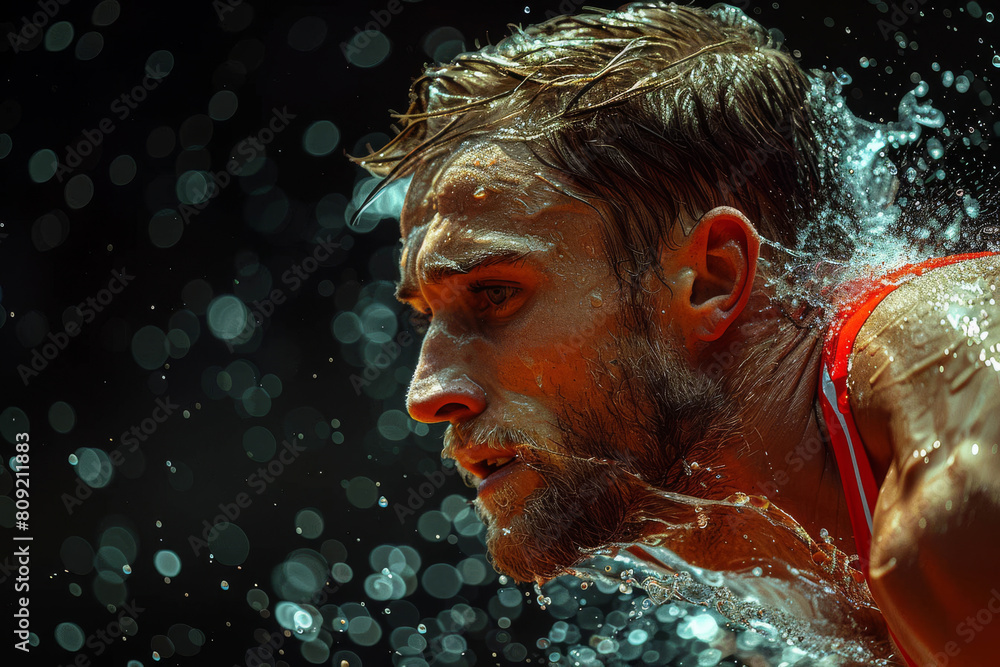 Male athlete in the foreground with beard, concentrated, thoughtful and with his body wet from water
