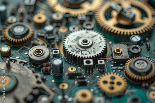 A background banner of old technology and new using computer circuits and old machine cogs 