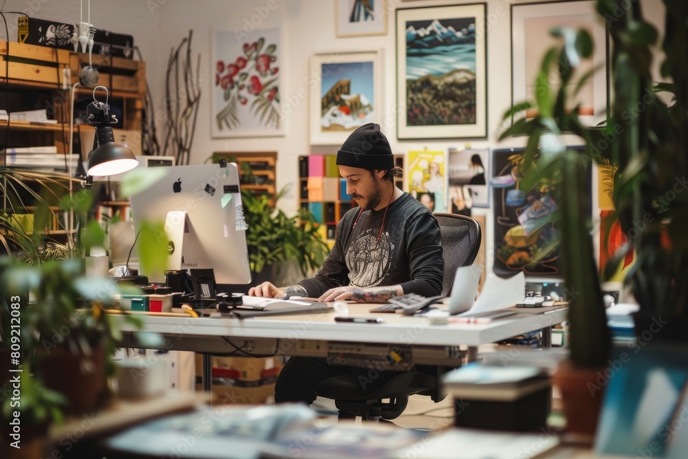 A man sitting at a desk in a modern office, focused on working on a computer, A creative director in a trendy office space, surrounded by art and design inspiration