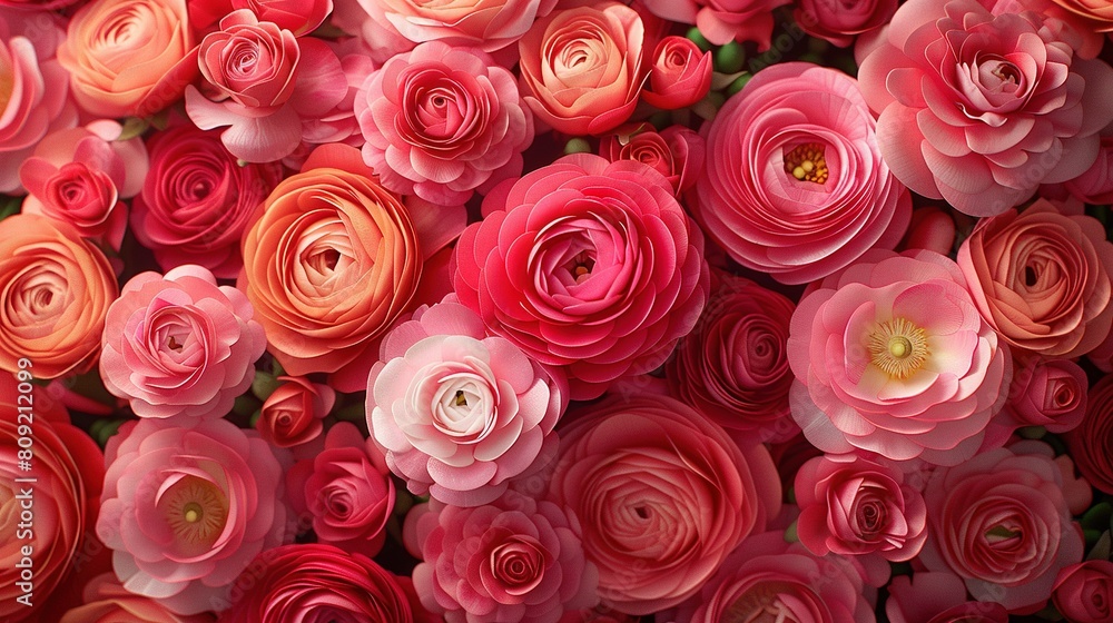 A field of vibrant pink and red blooms dominates the center of this photograph A field of vibrant pink and red blooms dominates the center of this photograph