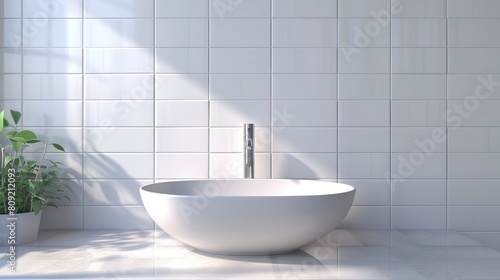 A sleek 3D-rendered image of an empty white vanity counter with a ceramic washbasin