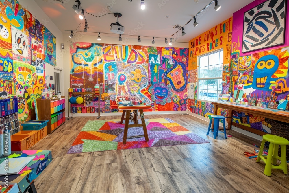 A room filled with colorful art supplies, wooden floors, and tables, A creative studio with colorful art supplies, inspirational quotes on the walls, and a vibrant mural as a focal point A room filled with colorful art supplies, wooden floors, and tables, A creative studio with colorful art supplies, inspirational quotes on the walls, and a vibrant mural as a focal point