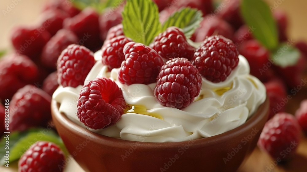 A bowl of whipped cream and raspberries sits atop a table, accompanied by a pile of additional raspberries A bowl of whipped cream and raspberries sits atop a table, accompanied by a pile of additional raspberries