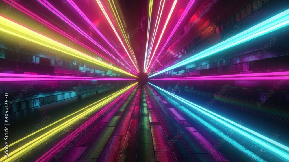 An abstract, vibrant tunnel featuring a multicolor spectrum with neon light rays and colorful lines speeding through a dark background
