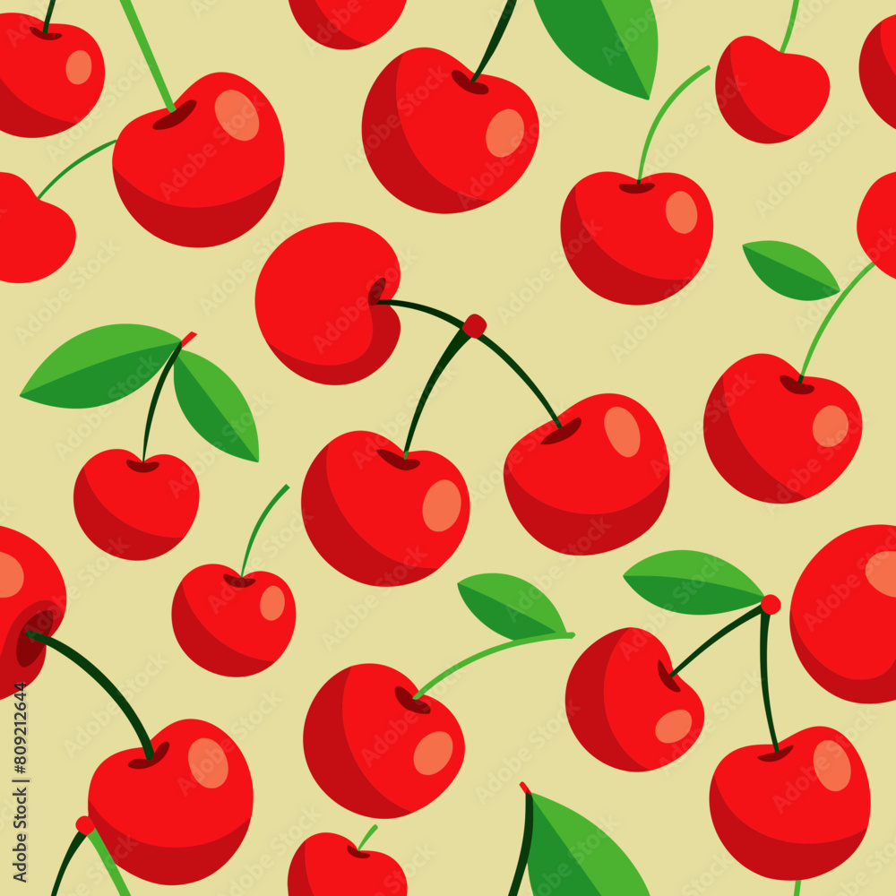 Vibrant Cherry Pattern - with green stems leaves on a light-yellow background, filling the space Vibrant Cherry Pattern - with green stems leaves on a light-yellow background, filling the space