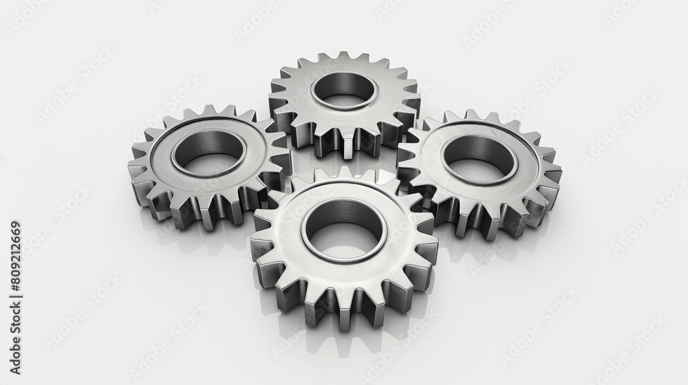 A top view of three metal gears isolated on a white background, representing teamwork and cooperation in business endeavors. Presented in a 3D render. A top view of three metal gears isolated on a white background, representing teamwork and cooperation in business endeavors. Presented in a 3D render.