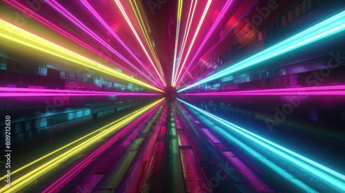 An abstract, vibrant tunnel featuring a multicolor spectrum with neon light rays and colorful lines speeding through a dark background © Chingiz