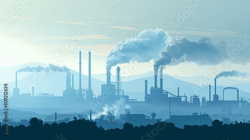 Industrial Landscape with Multiple Factories Emitting Smoke