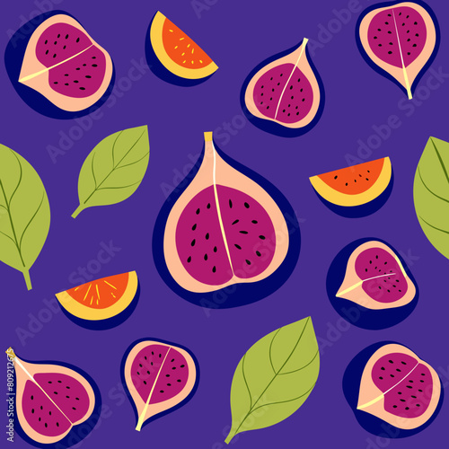 Figs and leaves arranged in scattered pattern sliced figs  deep purple background  vector