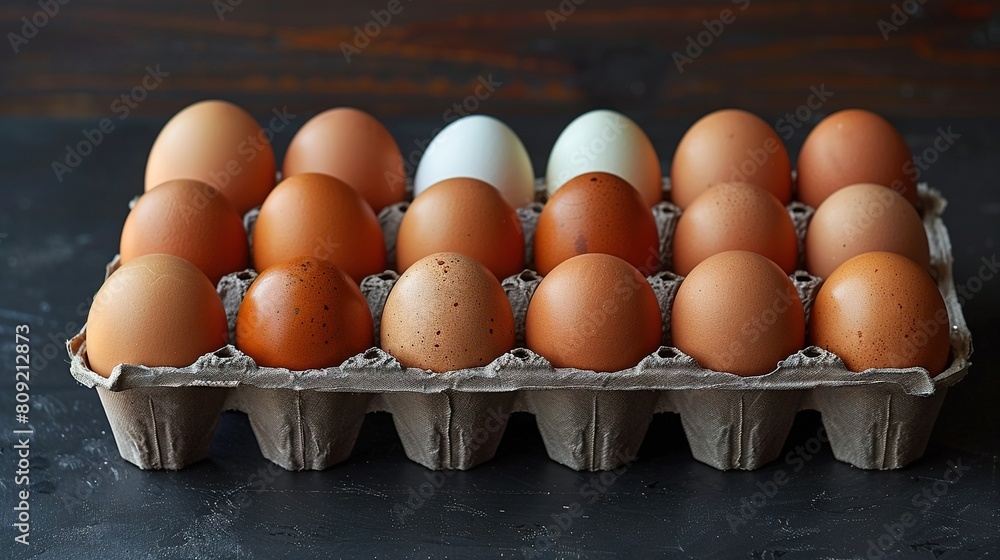 A dozen of brown and white eggs are arranged on a black table with a wooden background A dozen of brown and white eggs are arranged on a black table with a wooden background