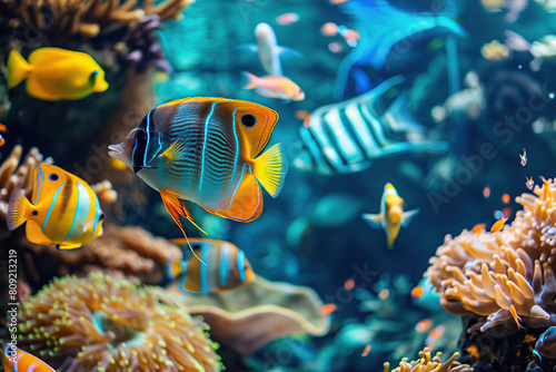 Aquarium with corals, reefs and different fishes swimming in blue water photo