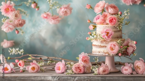   A three-tiered cake adorned with pink flowers sits on a table Nearby  a bouquet of baby s breath flowers rests