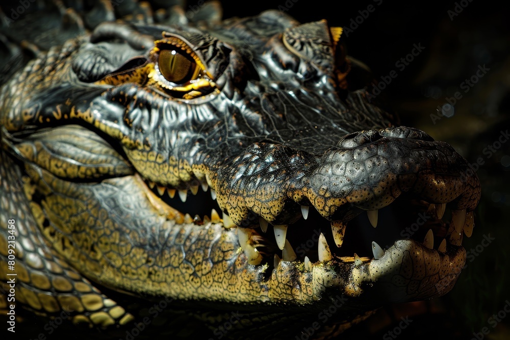 Obraz premium Close-up of an alligators head with its mouth wide open, revealing its sharp teeth, A crocodile with a sinister grin, lurking in the shadows