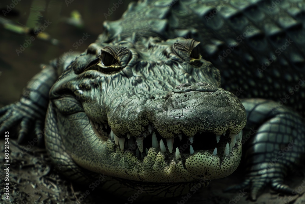 Fototapeta premium A close up of an alligators sharp, menacing teeth showcasing its formidable bite strength, A crocodile with a sinister grin, lurking in the shadows