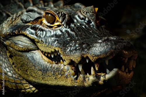Close-up of an alligators head with its mouth wide open  revealing its sharp teeth  A crocodile with a sinister grin  lurking in the shadows