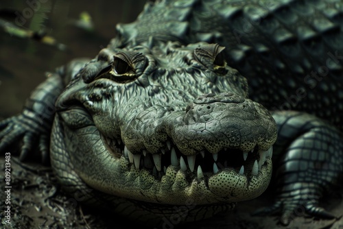 A close up of an alligators sharp, menacing teeth showcasing its formidable bite strength, A crocodile with a sinister grin, lurking in the shadows