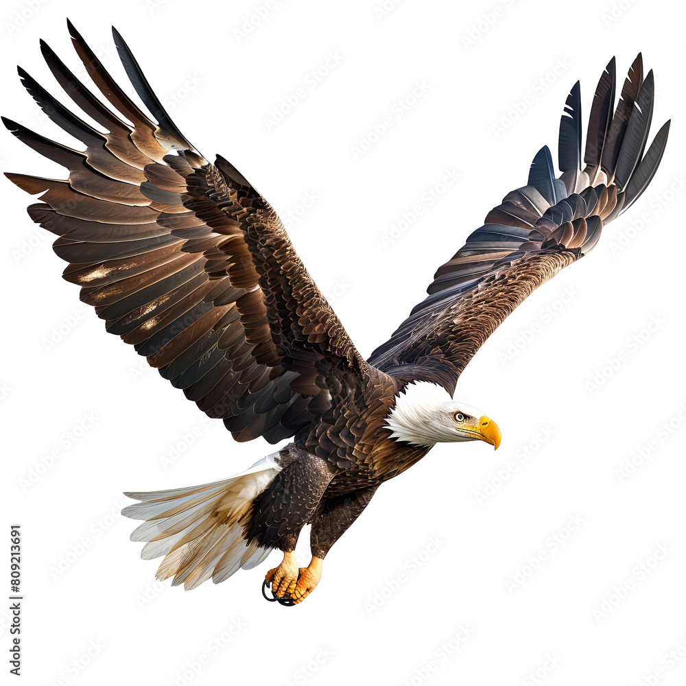 Obraz premium Majestic Bald Eagle in Flight, Wings Spread Wide isolated on white background