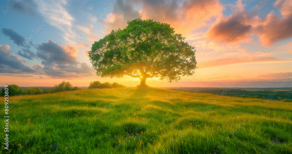 Sunset behind solitary tree on lush hillside Sunset behind solitary tree on lush hillside