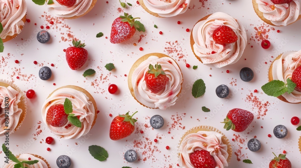 A table laden with numerous cupcakes, each boasting ample frosting and adorned with strawberries and blueberries A table laden with numerous cupcakes, each boasting ample frosting and adorned with strawberries and blueberries
