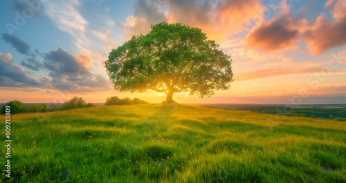 Sunset behind solitary tree on lush hillside