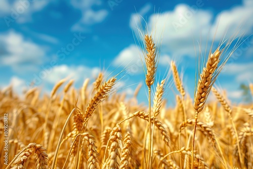 Yellow field with ripe wheat ears on blue sky background