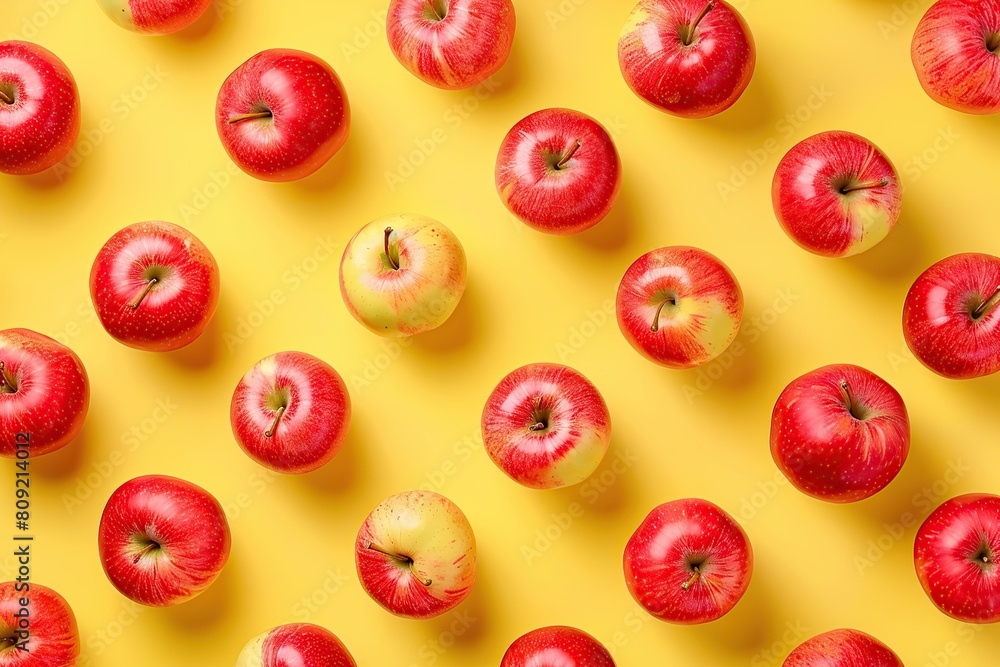 Fototapeta premium Pattern of ripe red apples on yellow background