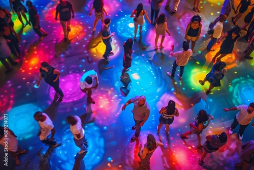 People gathering around a vibrant colorful light on a crowded dance floor, A crowded dance floor with vibrant colors