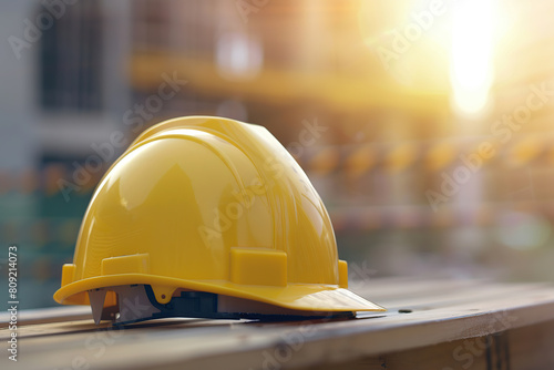 Safety helmet on sunshine and blurred construction background