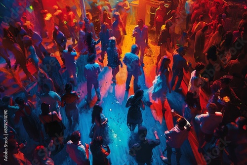 A diverse crowd of individuals standing together in a vibrant  colorful room  A crowded dance floor with vibrant colors